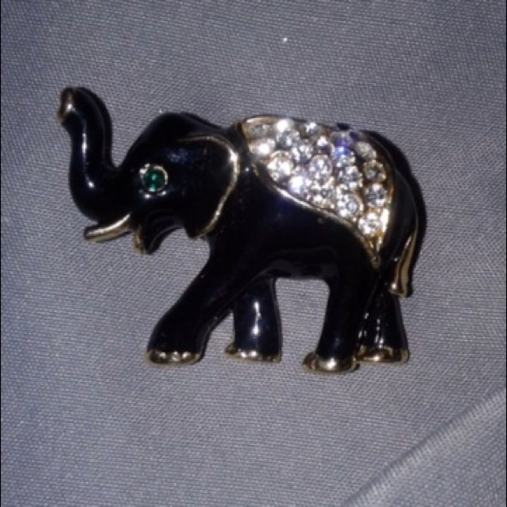 VTG Black Enamel Rhinestone Elephant Brooch