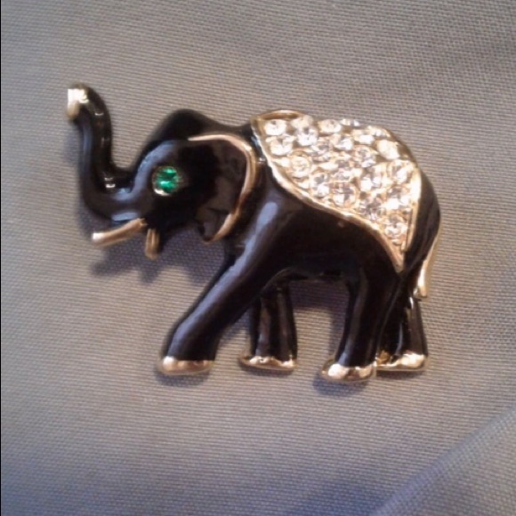 VTG Black Enamel Rhinestone Elephant Brooch - Picture 2 of 4