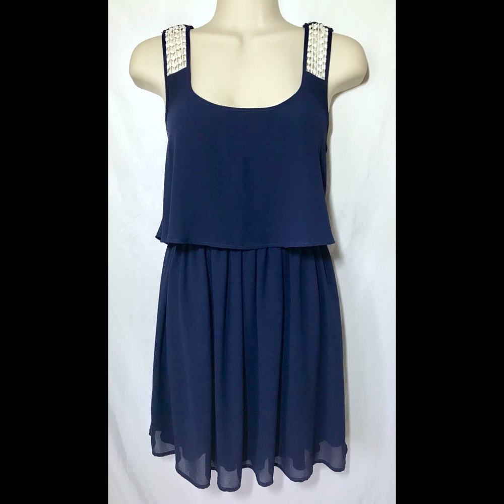 Navy blue sleeveless dress with sheer overlay