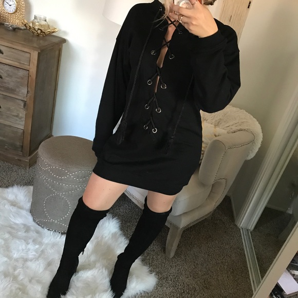 LAST1•Laced Up Black Sweater Dress - Picture 2 of 5