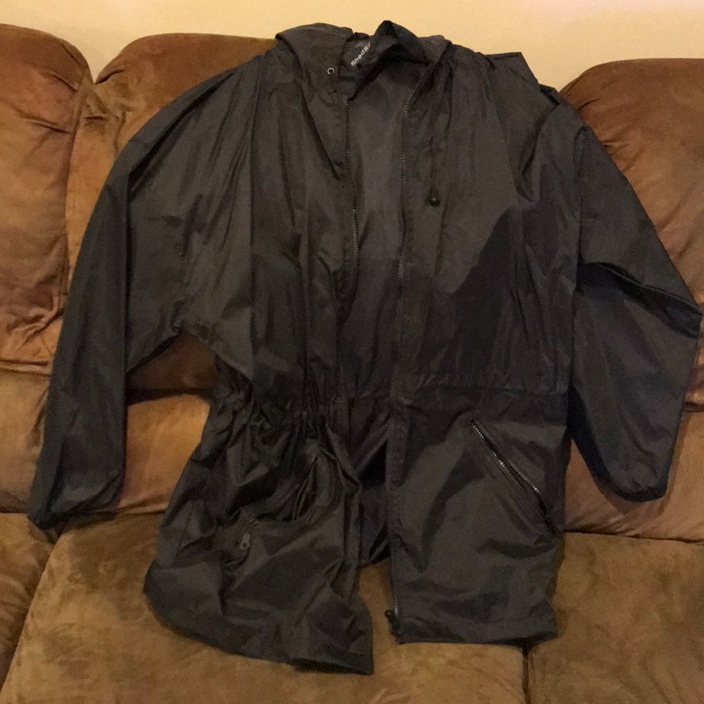 Black shell rain jacket with hood