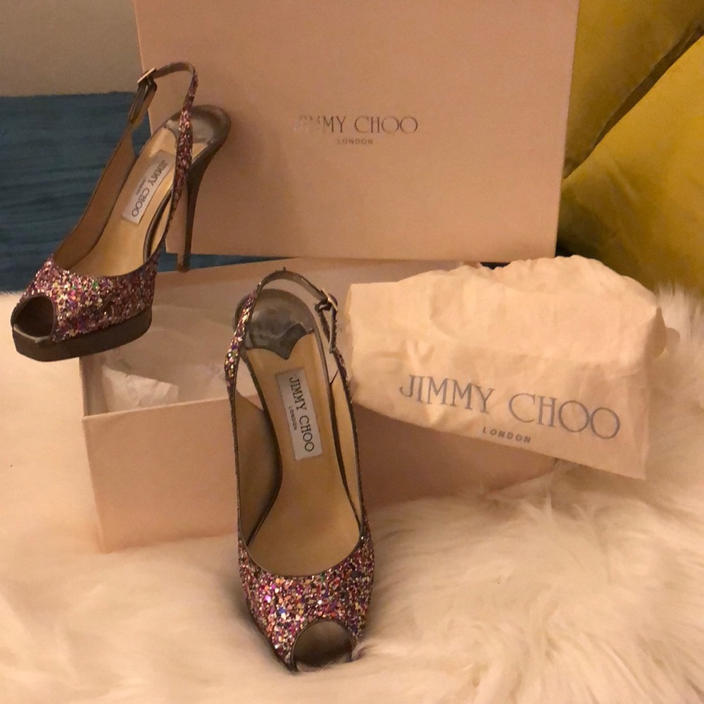 Jimmy Choo “Clue” Glitter Open-Toe Pumps, 6.5