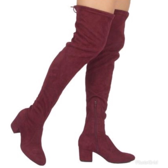 Burgundy Suede Over the Knee Block Heel Boots - Picture 2 of 5