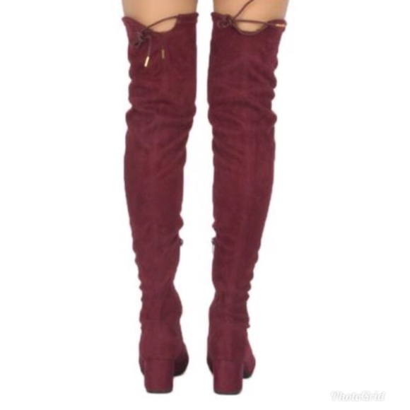 Burgundy Suede Over the Knee Block Heel Boots - Picture 3 of 5