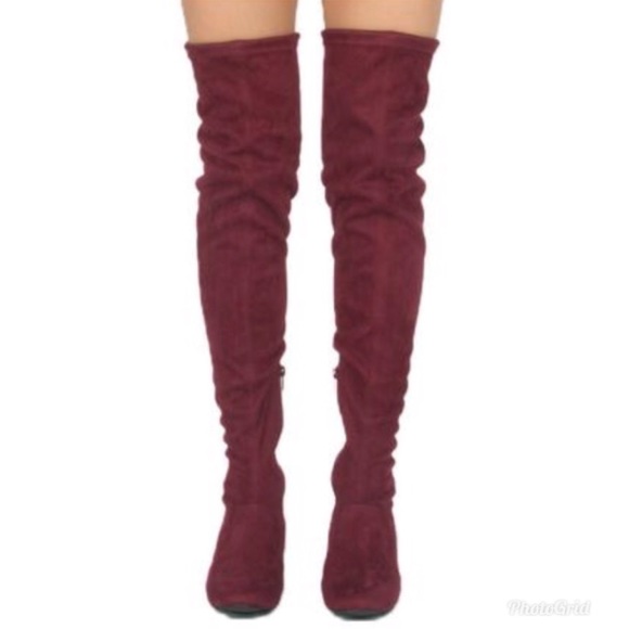 Burgundy Suede Over the Knee Block Heel Boots - Picture 4 of 5