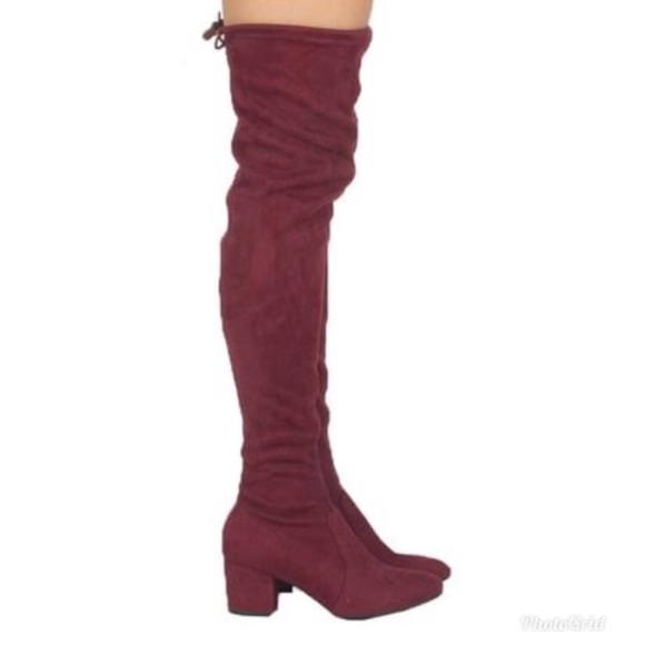 Burgundy Suede Over the Knee Block Heel Boots - Picture 5 of 5