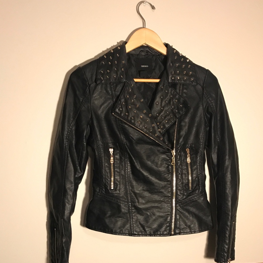 leather jacket with gold stud detailing