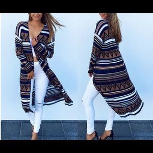 Geometric pattern long cardigan open front blouse