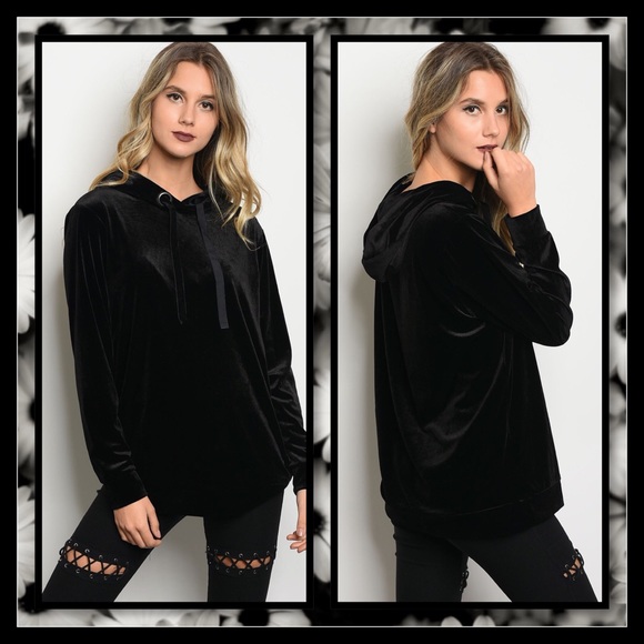 3 LEFT🆕 Black Hooded Velvet Drawstring Pullover - Picture 3 of 3