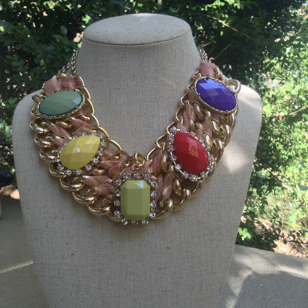 New! Multi colored gold bib statement necklace