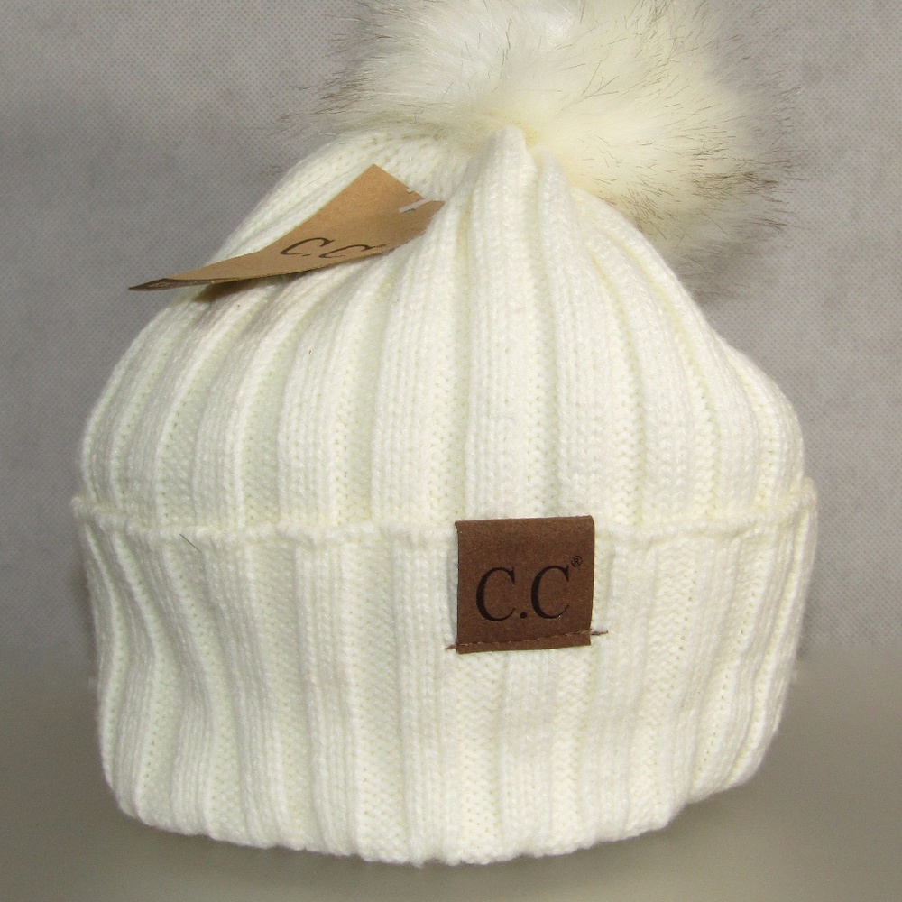 CC Exclusives Ivory Beanie with Fur Pom Pom - Picture 3 of 5