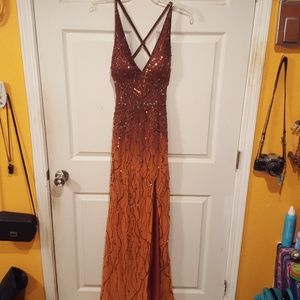 Floor length copper to peach ombre gown