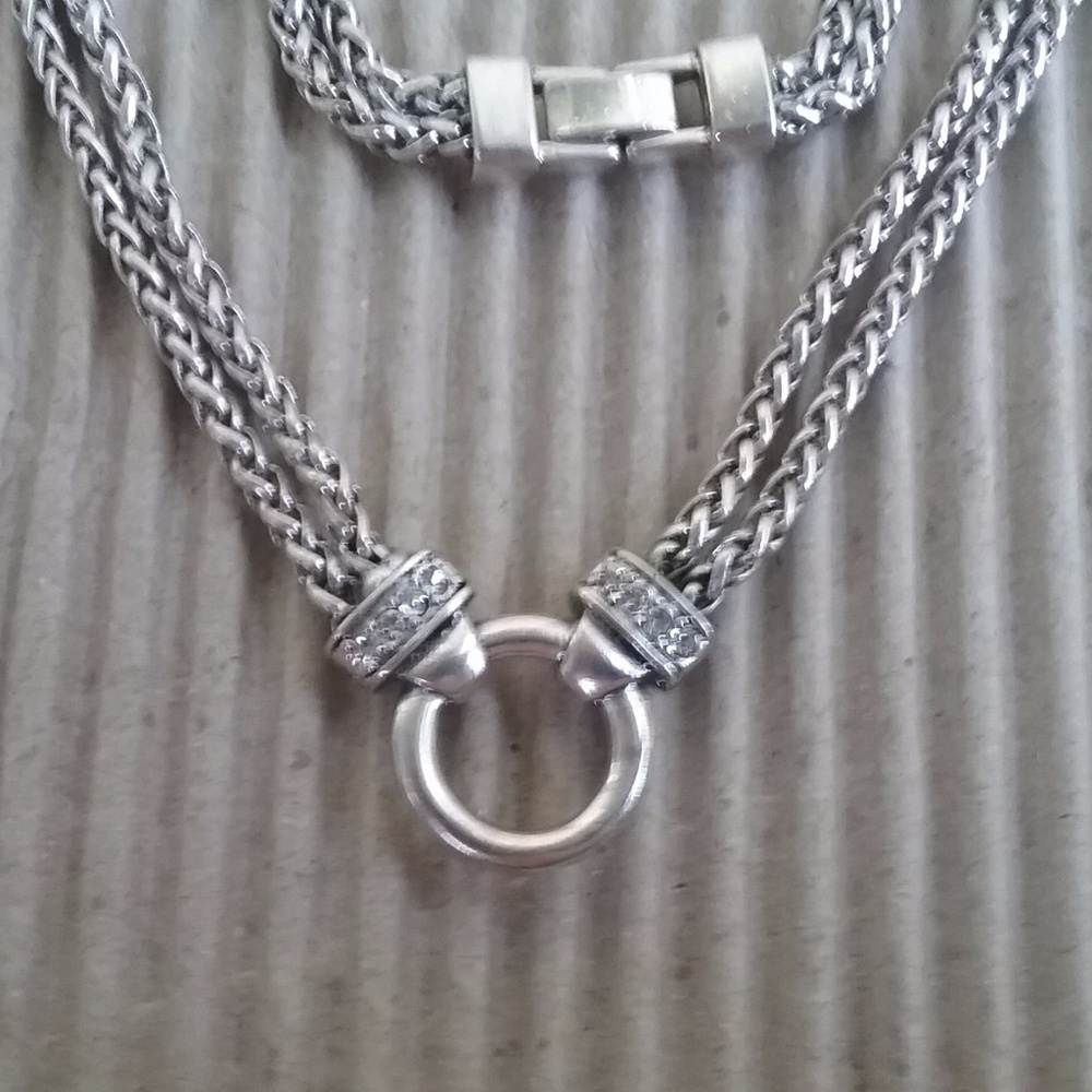 Two Chains With O Ring CZ Necklace Silver Plated