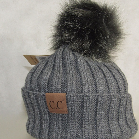 CC Exclusives Gray Beanie with Fur Pom Pom - Picture 2 of 4