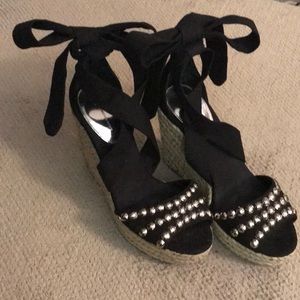 Rhinestone black Espadrilles tie wedges