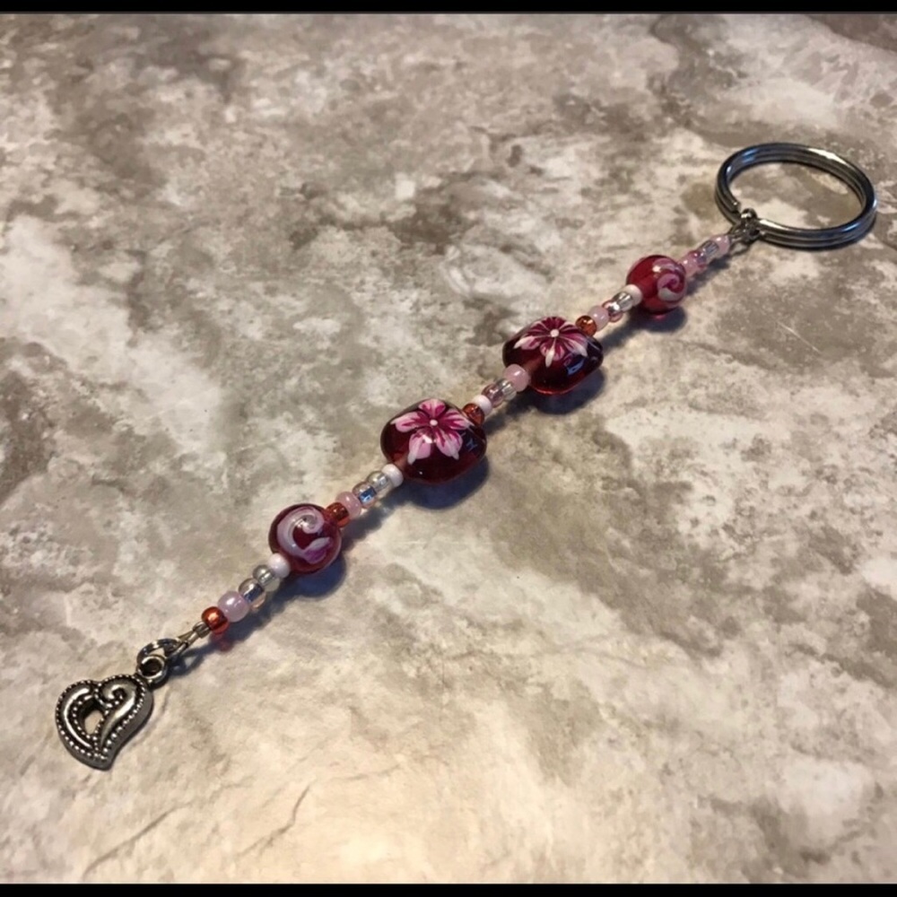 Handmade Rose Glass Bead Heart Charm Keychain