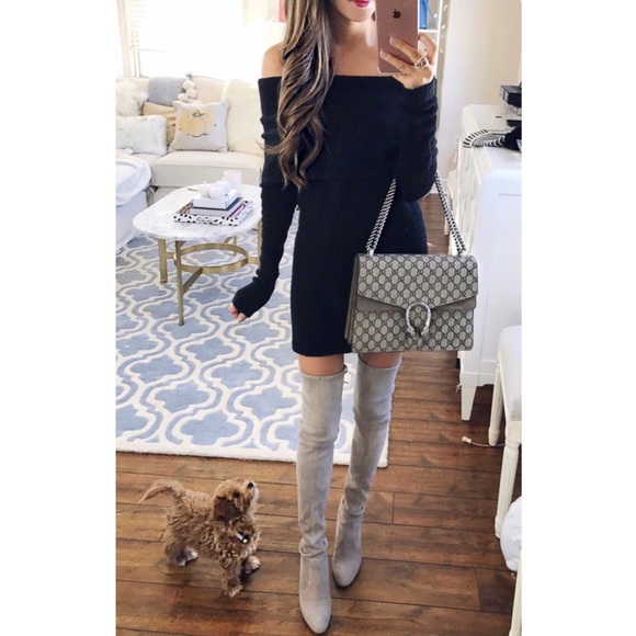 ‘Mira’ Black Off The Shoulder Sweater Dress - Picture 2 of 6