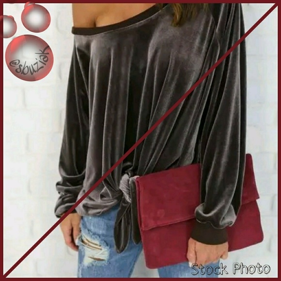 Tops - Velvet Off the Shoulder Sweatshirt with Tie Front