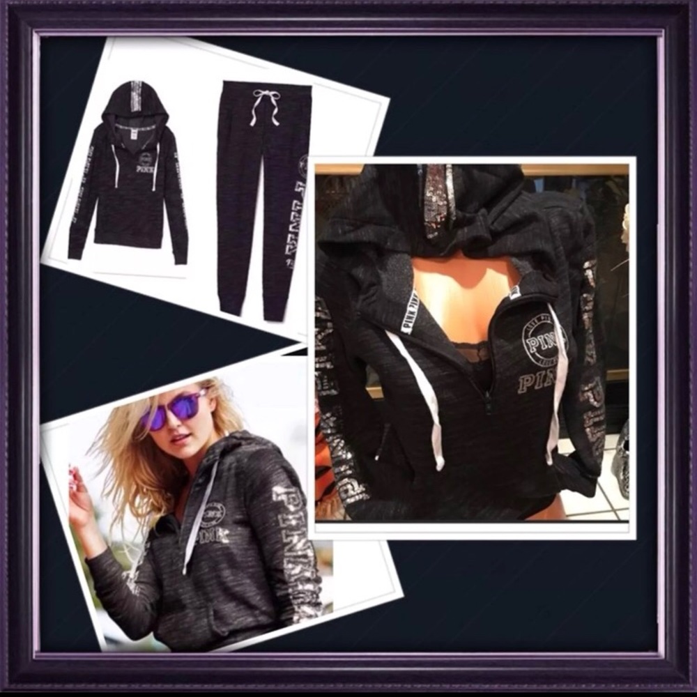 Marled grey black rare Sequin Bling hoodie Set