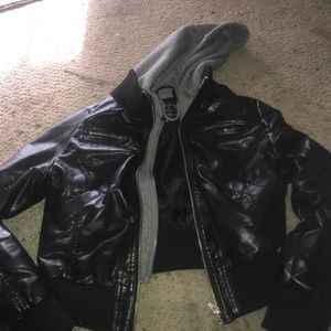 Leather jacket with gray hood