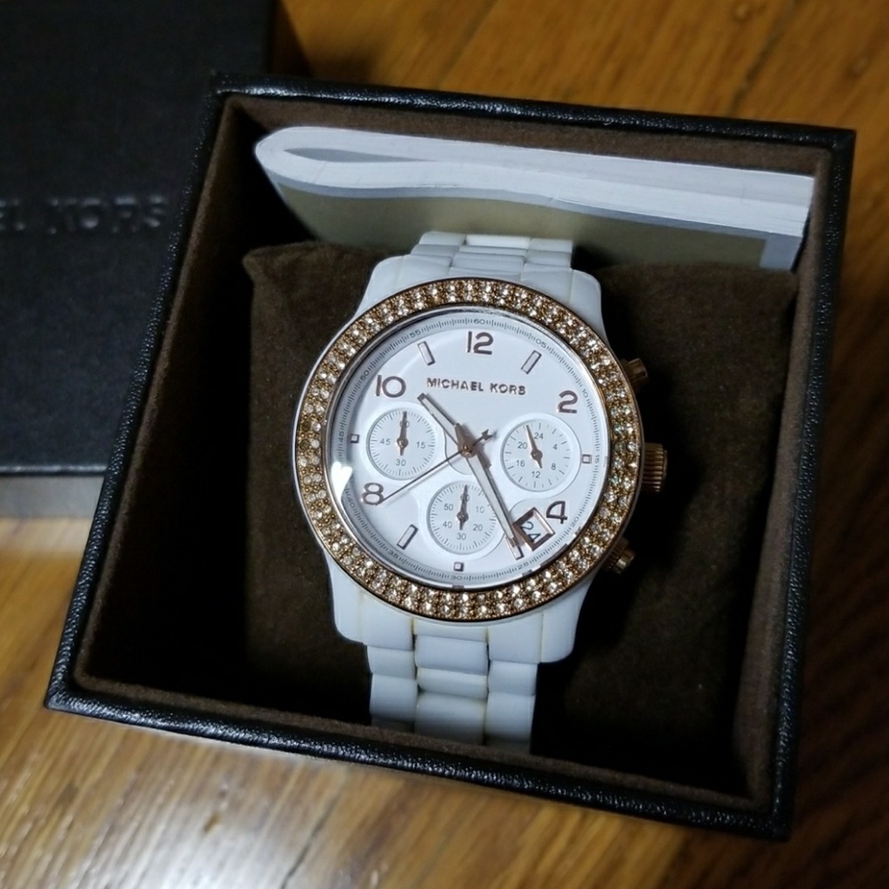 Michael Kors White Ceramic Watch w/ Rose Gold