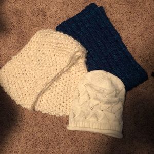 Cream knitted scarf and beanie, blue knitted scarf