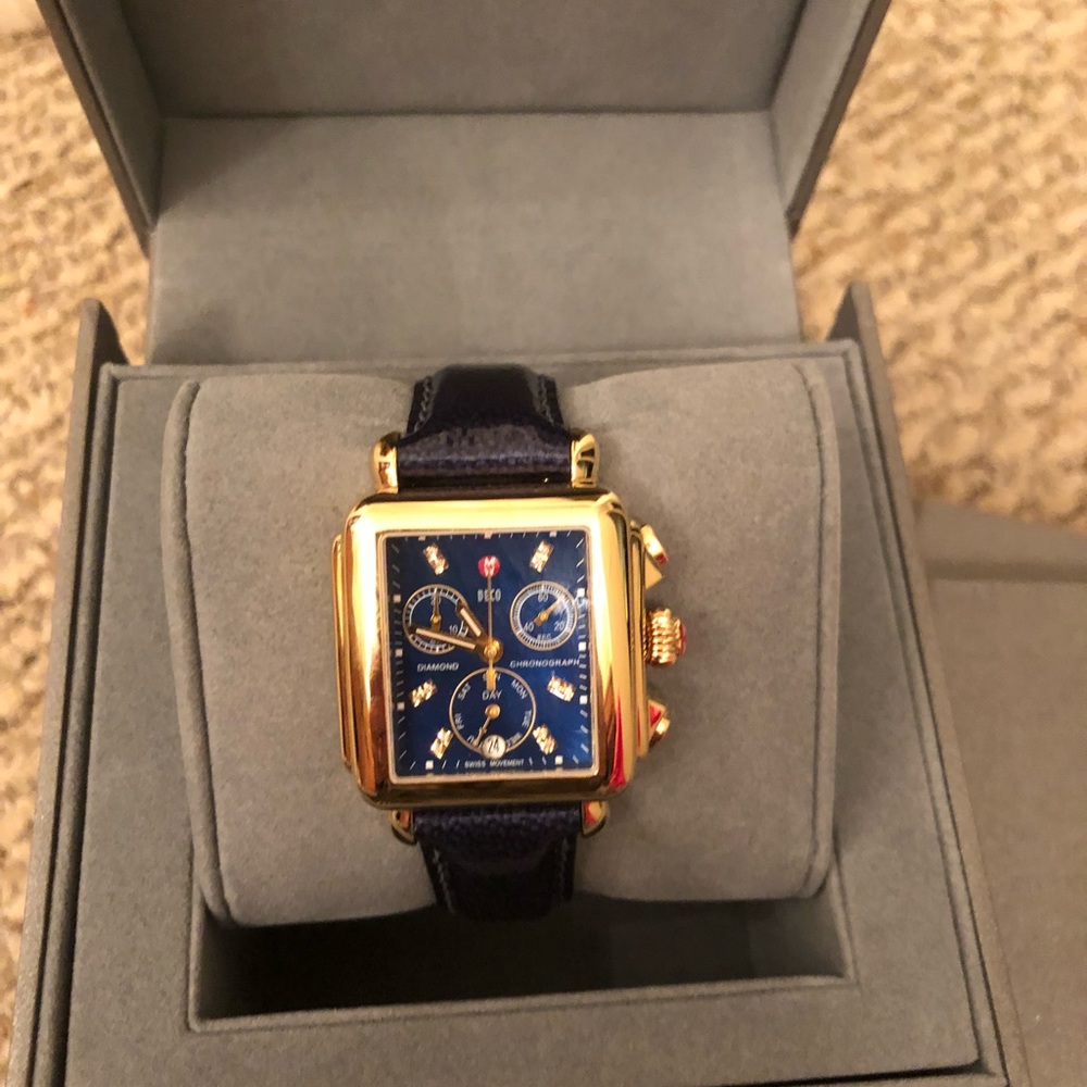 NWT RARE MICHELE DECO GOLD BLUE DIAMOND WATCH