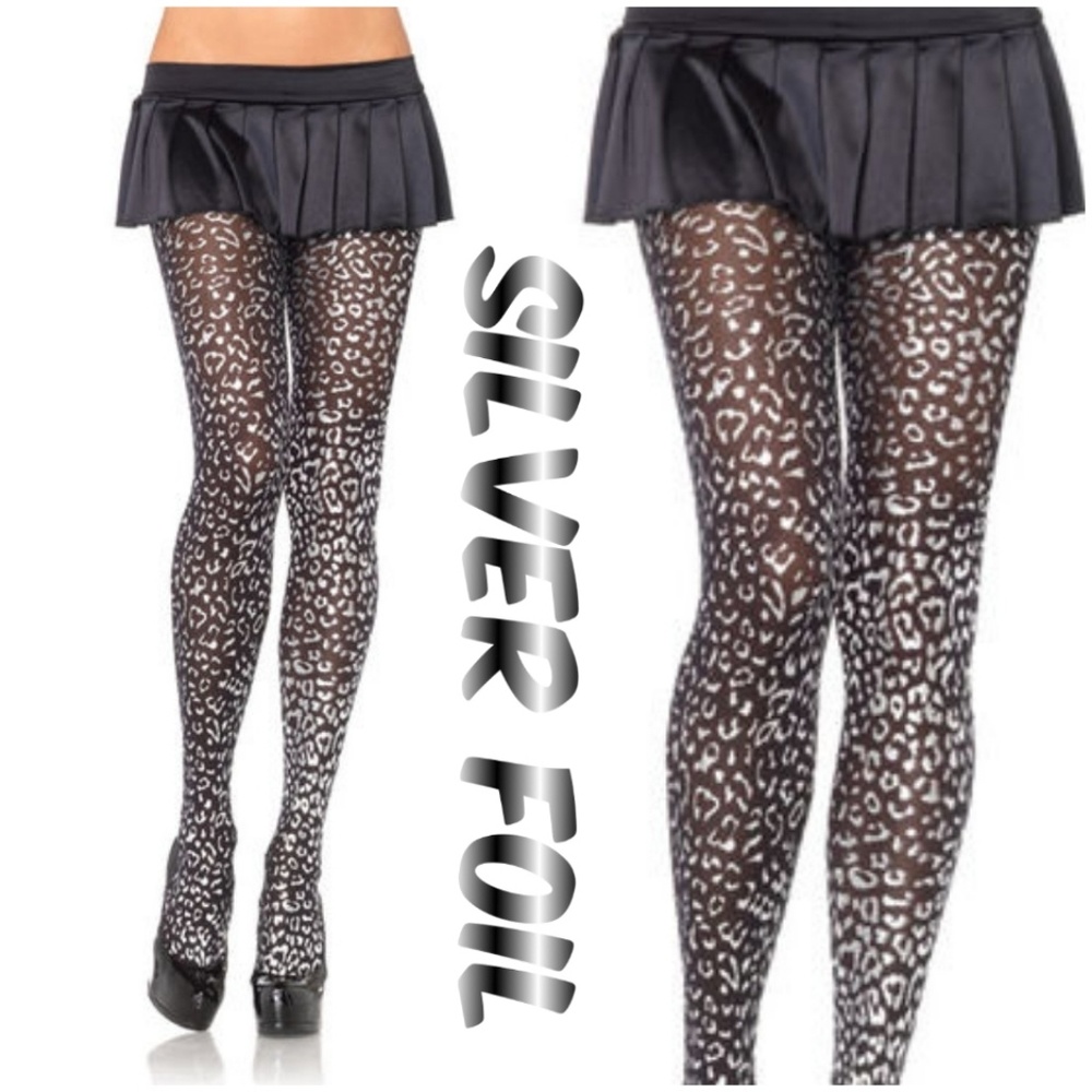 Foil Leopard Print Tights Leopard Black