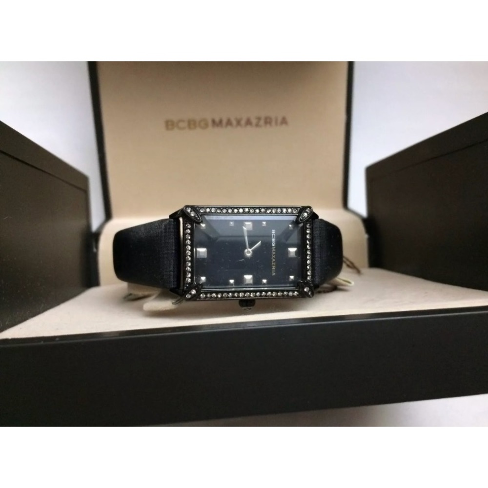BCBG MAXAZRIA Cubic Zirconia Black Leather Watch