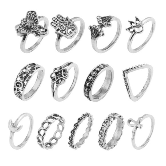 13 Piece BoHo Antiqued Silver Midi-Ring Set - Picture 2 of 12