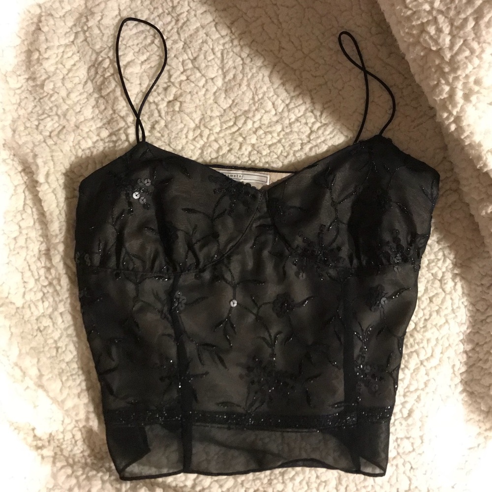 Beaded Embroidery Black Satiny Bodice Floral