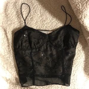 Beaded Embroidery Black Satiny Bodice Floral