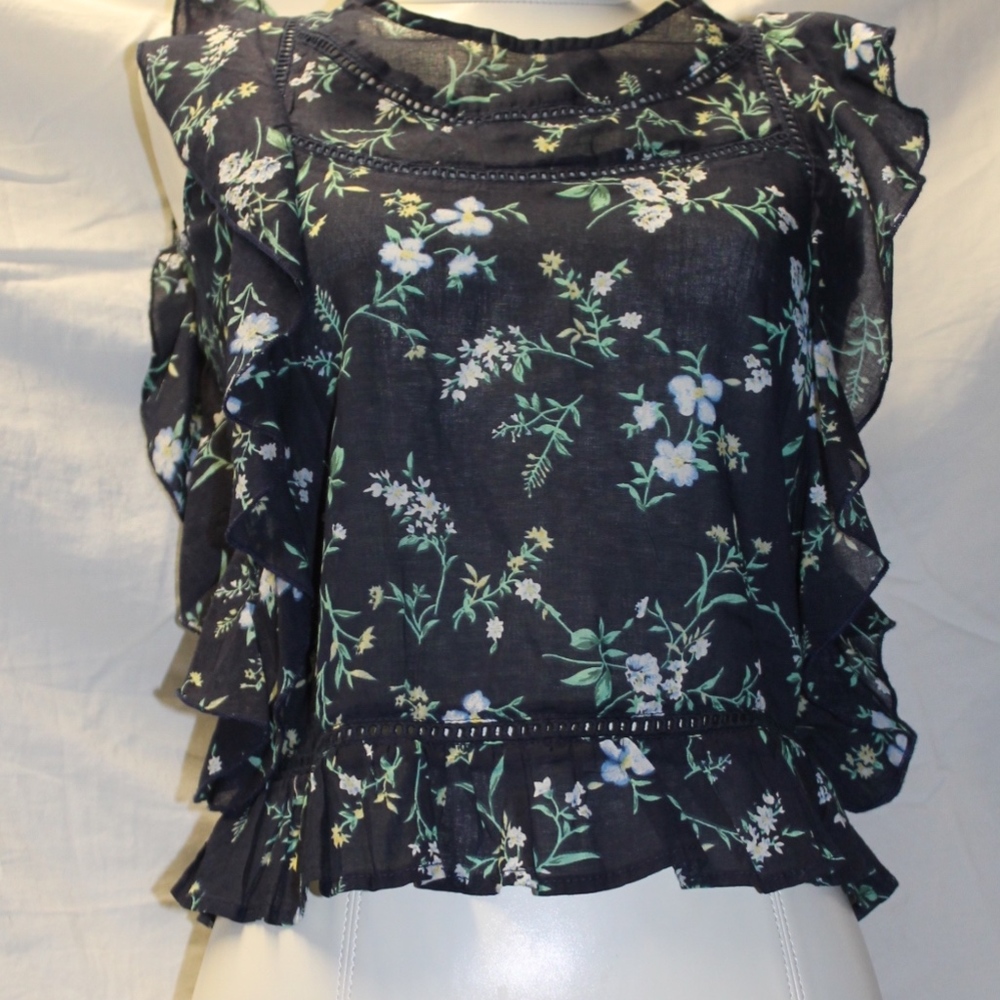 Scoop Back Floral Blouse Navy Blue