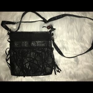 Black leather fringe satchel