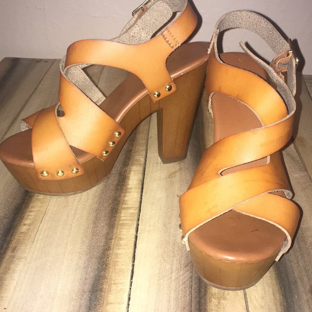 Tan wooden heeled platforms