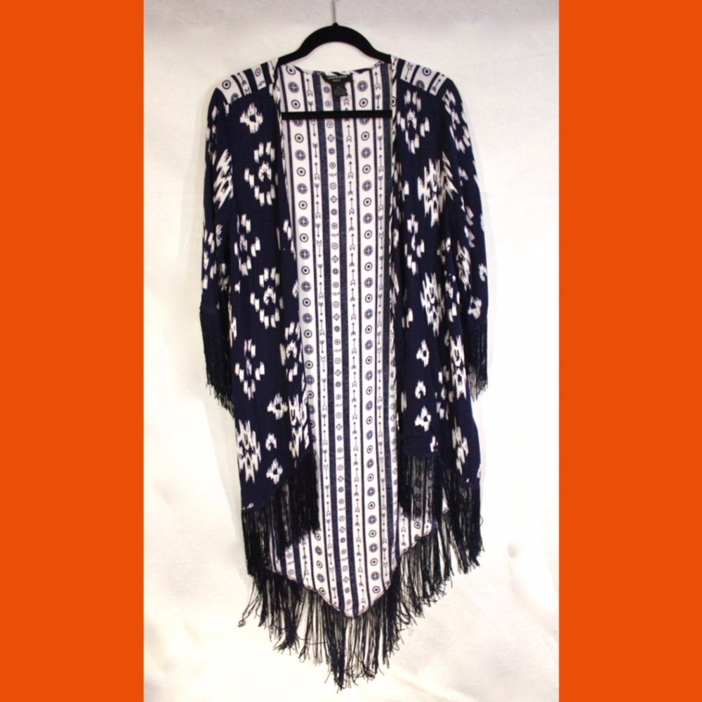 Long Fringed Cardigan Coverup Womens Navy White - Picture 1 of 5