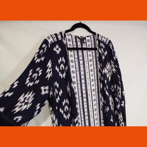 Long Fringed Cardigan Coverup Womens Navy White - Picture 3 of 5