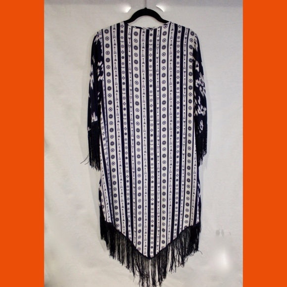 Long Fringed Cardigan Coverup Womens Navy White - Picture 2 of 5