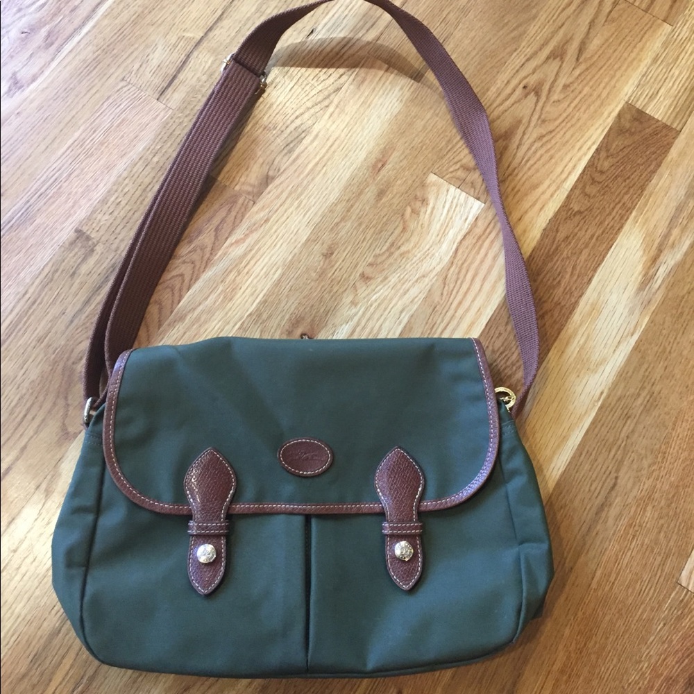 Longchamp Dark Green Purse with Brown Trim