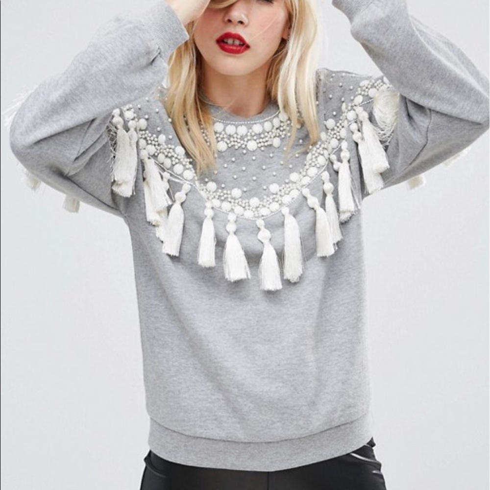 Grey tassel & pearl crewneck sweater ASOS