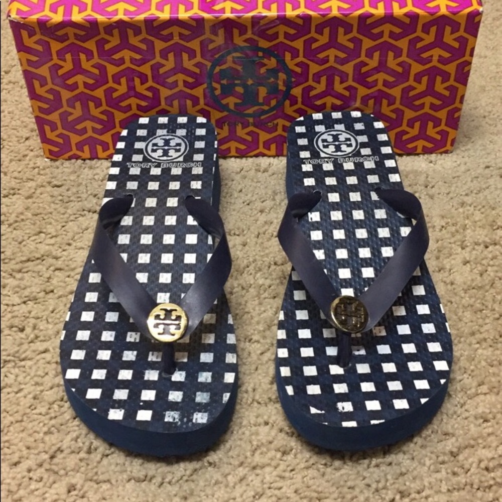Tory Burch wedge flip flops with box.