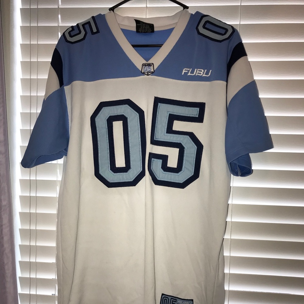 Vintage Fubu Football Jersey. Light Blue and White