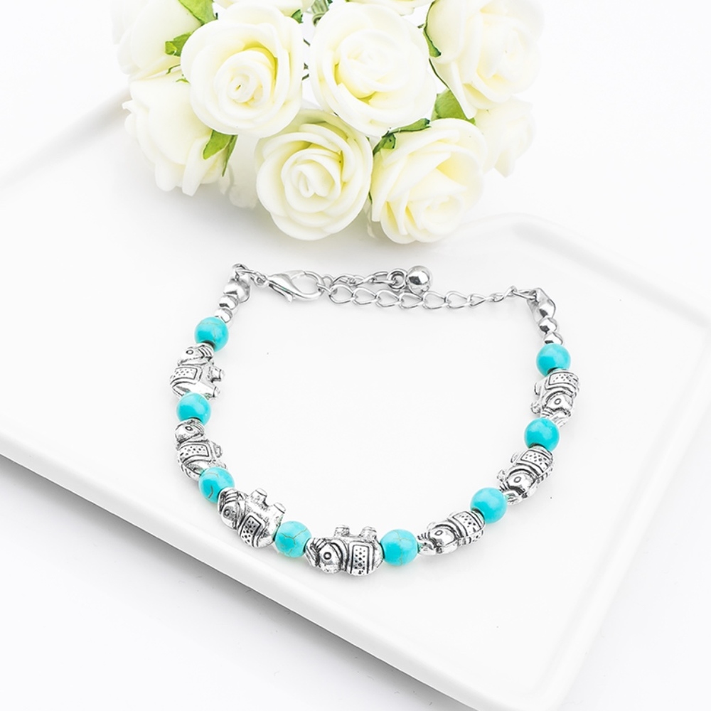 Boho Silver Elephant & Turquoise Stone Bracelet - Picture 1 of 6