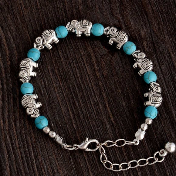 Boho Silver Elephant & Turquoise Stone Bracelet - Picture 2 of 6