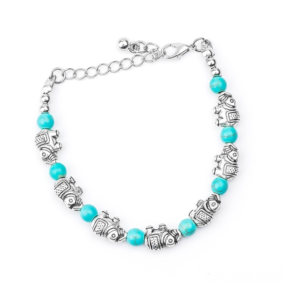 Boho Silver Elephant & Turquoise Stone Bracelet - Picture 3 of 6