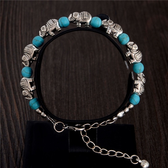 Boho Silver Elephant & Turquoise Stone Bracelet - Picture 4 of 6