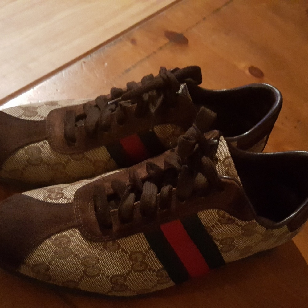 Beige and brown canvas suede GG guccissima sneaker