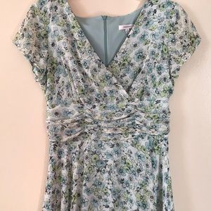 Light blue & green v-neck tea length dress