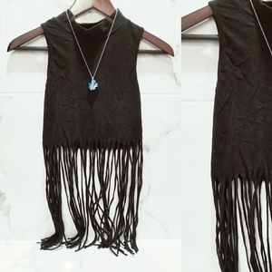 Mock Neck Fringe Sleeveless Crop Top • Cotton