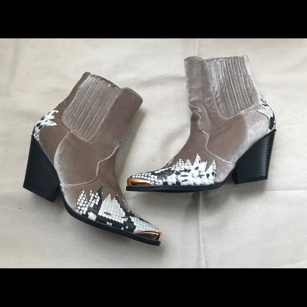 Velvet snakeskin bootie